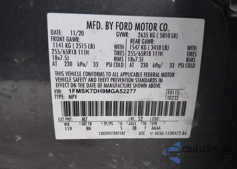 2021 Ford Explorer Xlt из США, поврежденный, VIN 1FMSK7DH9MGA52277